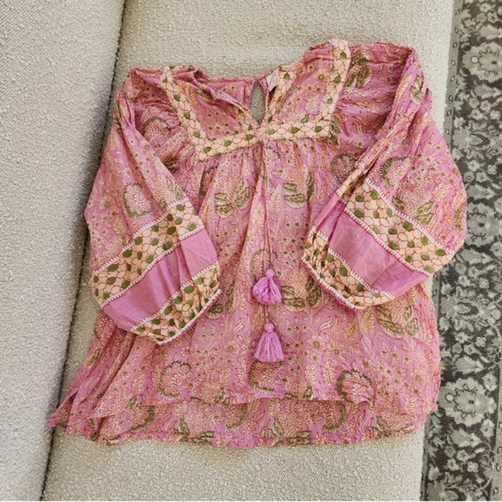 Cleobella Pink Floral Boho Amaryllis Peasant Top 🤍Tassel Tie Long Sleeve Size M